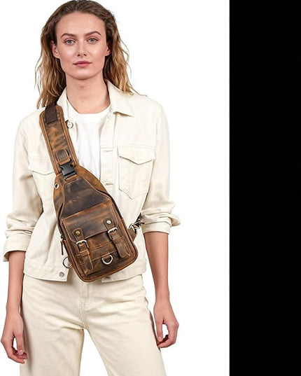 Genuine Leather Hiking Travel DayPack Sling Crossbody Triangle Chest Pack Bag For Men Women 8241