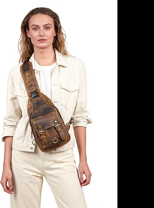 Genuine Leather Hiking Travel DayPack Sling Crossbody Triangle Chest Pack Bag For Men Women 8241