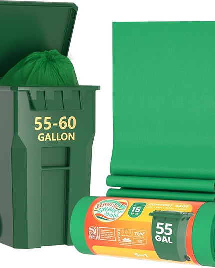 55-60 Gallon Compostable Trash Bags Liners, Heavy Duty Extra Thick 1.57 Mil, 208.2 Liter, 15 Bags, Lawn, Yard, and Restaurant Use, ASTM D6400, US BPI, OK Compost Home Certified