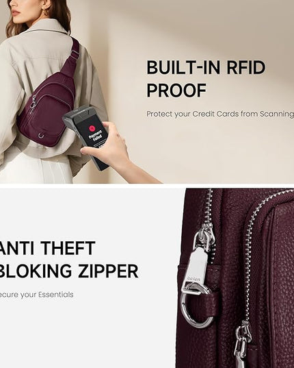 befen Anti Theft Genuine Leather Sling Bag for Women RFID Small Crossbody Bag Chest Bag Leather Fanny Packs for Travel