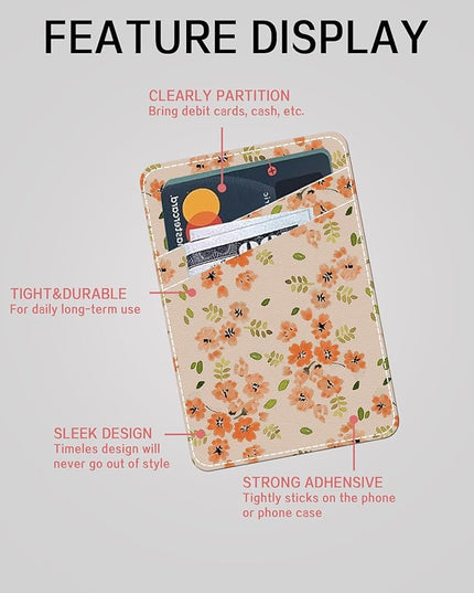 Phone Wallet, Cute Leather Phone Card Holder, Dual Pocket Credit Card Sticky Wallet, Compatible with Most Cell Phones, Luxurious Orange Flower