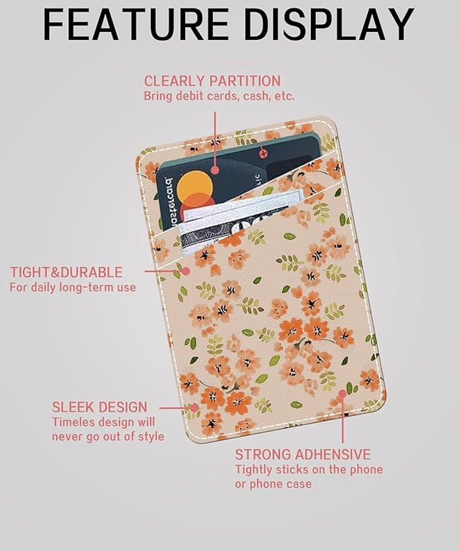 Phone Wallet, Cute Leather Phone Card Holder, Dual Pocket Credit Card Sticky Wallet, Compatible with Most Cell Phones, Luxurious Orange Flower
