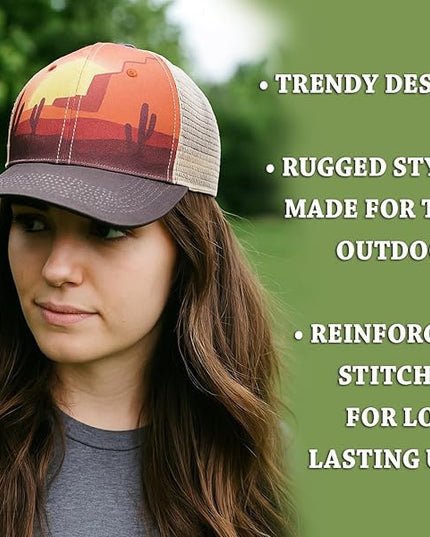 Western Trucker Charcoal Bull Cactus Baseball Cap Outdoor Punchy Mesh Snap Back with Adjustable Fit for Country Wear