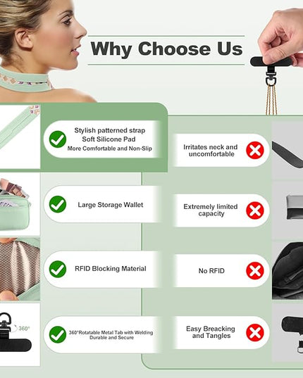 Clip and Go Strap for Phone with Wallet Crossbody, Adjustable Phone Lanyard with Detachable RFID Wristlet Wallet, Pattern Strap, Green (M)