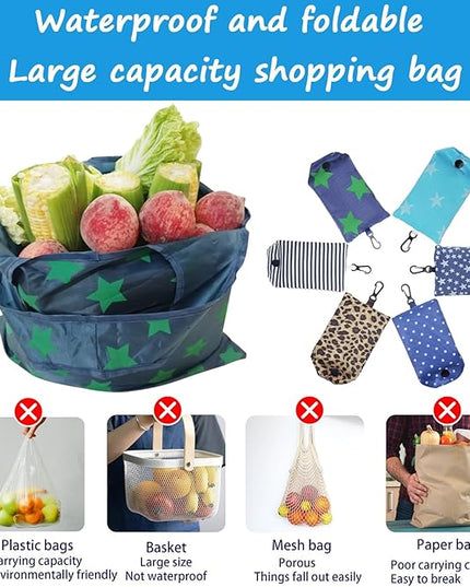 6 Pcs Foldable Reusable Shopping Bags,Tote Bags, Grocery Bags with Hook, Eco-friendly Travel Recycle Shopping Bags in Pocket, Waterproof and Machine Washable for Daily Shopping Supplies