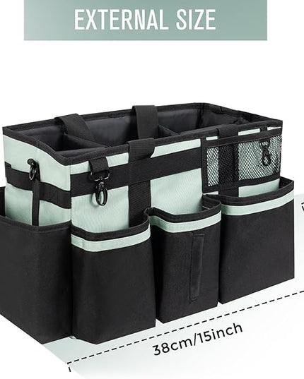 Wearable Cleaning Caddy, Cleaning Caddy Supplies Organizer with Handle & Shoulder Straps for Housekeepers, Under Sink & Car Cleaning Tool Organizers Bag with 4 Foldable Divider (Celadon)
