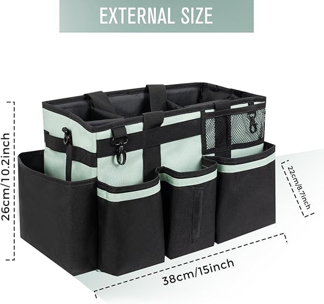 Wearable Cleaning Caddy, Cleaning Caddy Supplies Organizer with Handle & Shoulder Straps for Housekeepers, Under Sink & Car Cleaning Tool Organizers Bag with 4 Foldable Divider (Celadon)