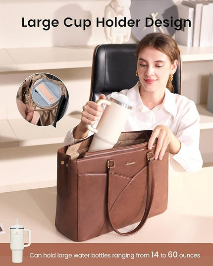 LOVEVOOK Laptop Bag for Women,17.3Inch Work Teacher Bags Leather Tote Bag Briefcase Waterproof Computer Bag for Women，Brown