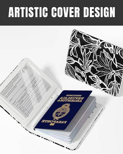 Rimilak Passport Holder, RFID Blocking Passport Cover Wallet Travel Essentials, Leather Travel Documents Organizer Protector for Women and Men, White Leaves