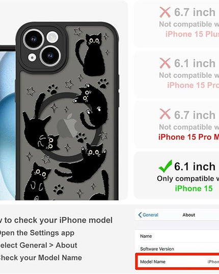 Cute Magnetic Case for iPhone 15 Case [ Compatible with MagSafe ] with Black Cat Cats Pattern Design for Women Girls Boys, Soft Bumper Hard Back Kawaii Animal Protective Phone Cover