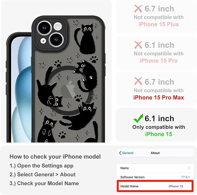 Cute Magnetic Case for iPhone 15 Case [ Compatible with MagSafe ] with Black Cat Cats Pattern Design for Women Girls Boys, Soft Bumper Hard Back Kawaii Animal Protective Phone Cover