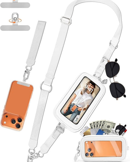 takyu Clip and Go Strap for Phone with Wallet Crossbody, 4-in-1 Adjustable Phone Lanyard with Detachable Wallet Wristlet Strap, Convertible Crossbody Bags with ID Window for Women Travel, White
