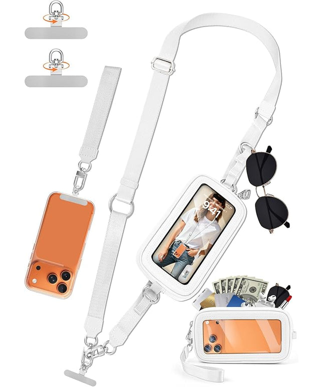 takyu Clip and Go Strap for Phone with Wallet Crossbody, 4-in-1 Adjustable Phone Lanyard with Detachable Wallet Wristlet Strap, Convertible Crossbody Bags with ID Window for Women Travel, White