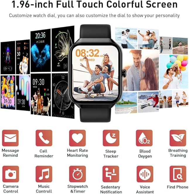 Smart Watch(Answer/Make Call), 1.96" HD Smartwatch for Men Women, 2025 Fitness Watch with 110+ Sport Modes/Heart Rate/Sleep Monitor/Pedometer, IP68 Waterproof Fitness Activity Tracker for Android iOS