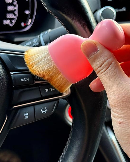 Car Detailing Brush, Soft Bristle Cleaning Brush, Scratch-Free Auto Duster Tool for Dashboard, Air Vents, Leather & Interior Cleaning (Pink&Brown with Cap)