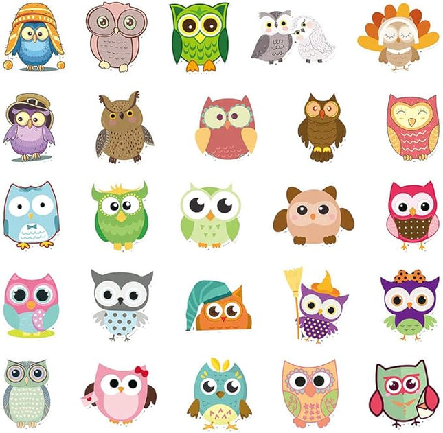 Colorful Cartoon Owl Vinyl Stickers, 50 PCS Waterproof Illustrated Bird Character Decals for Laptops, Scrapbooking, Journals, Notebooks, Water Bottles, Suitcases, Phones & DIY Decor
