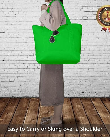 TOPDesign 1-Pack Canvas Tote Bag with an External Pocket, Reusable Grocery Shopping Bag, Top Zipper Closure, Daily Essentials (Lime Green)