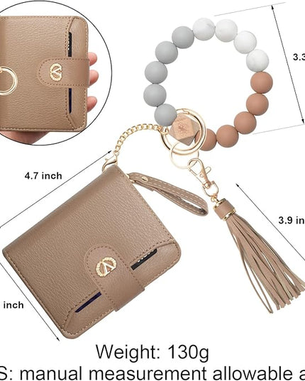 Multi-Purpose Wallet High Capacity Card Holder Zipper Coin Purse with Wristlet Bracelet Keychain Silicone Beaded Bangle Key Ring