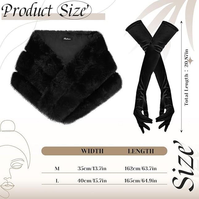 Zhanmai 2 Pcs Winter Long Shawl Cloak Stretchy Glove Opera Bridal Dance Gloves for Women Dress Party Coat