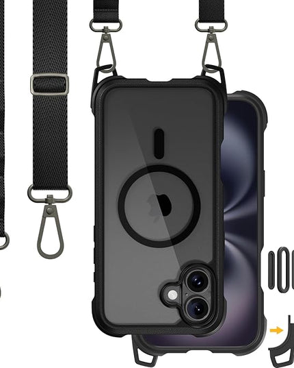 MAGEASY Designed for iPhone 16 Plus Case with Strap - [Camera Control Button Coverage] 20ft Ultimate Drop Protection Compatible with MagSafe, Vegan Leather Frame | Odyssey Strap M