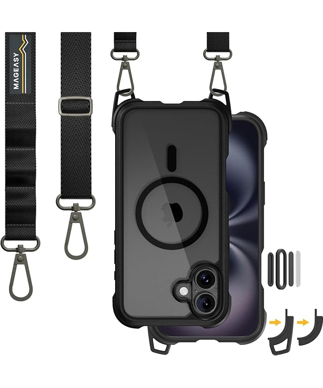 MAGEASY Designed for iPhone 16 Plus Case with Strap - [Camera Control Button Coverage] 20ft Ultimate Drop Protection Compatible with MagSafe, Vegan Leather Frame | Odyssey Strap M