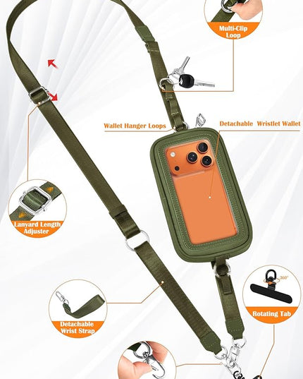 takyu Clip and Go Strap for Phone with Wallet Crossbody, 4-in-1 Hands-Free Phone Lanyard with Detachable Wallet Wrist Strap, Convertible Crossbody Bags with ID Window for Women Travel, Forest Green