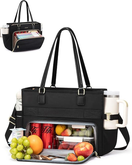 LOVEVOOK Teacher Tote Bag, Laptop Bag for Women with Large Cup Holder & Accordion File Area, Work Tote Bag for Business