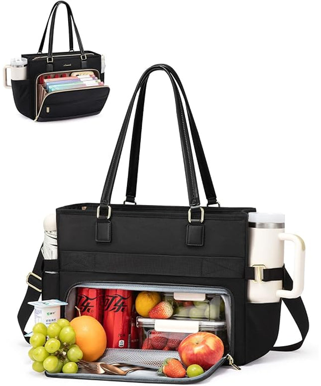 LOVEVOOK Teacher Tote Bag, Laptop Bag for Women with Large Cup Holder & Accordion File Area, Work Tote Bag for Business
