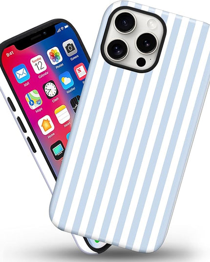 Magnetic for iPhone 14 Plus Case Cute Stripes Phone Case, Shockproof Slim TPU and Hard PC Protective Phone Cover Compatible with MagSafe Designed for Women Girls, Blue and White