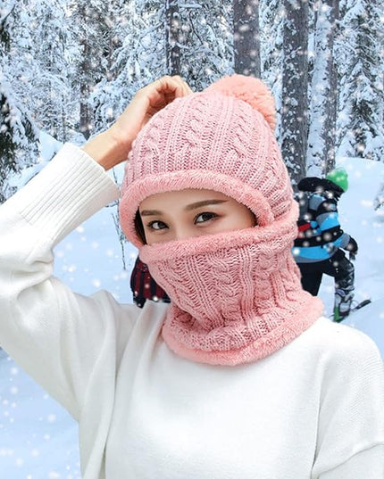 HUAMULAN Women Winter Beanie Hats One Piece Fleece Lined Knit Balaclavas Mask Set Skull Neck Circle Scarf Ski Snow Hat Pompom