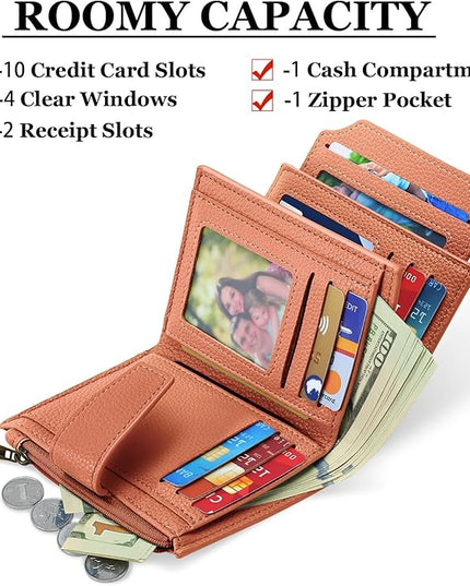 Airkit Small Wallet Women RFID Blocking Soft Leather Bifold Compact Card Holder Wallet for Women with Zipper Coin Pocket 4 ID Window