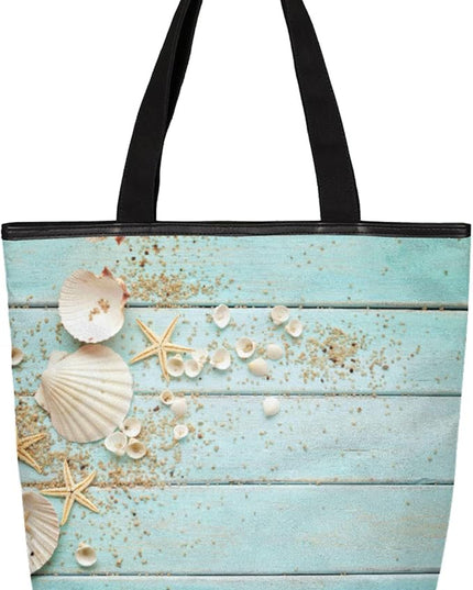 Pardick Blue Wooden Seashell Canvas Tote Bag, Womens Shoulder Bag Handbag with Zipper Book Tote Reusable Grocery Shopping Bags Beach Bag