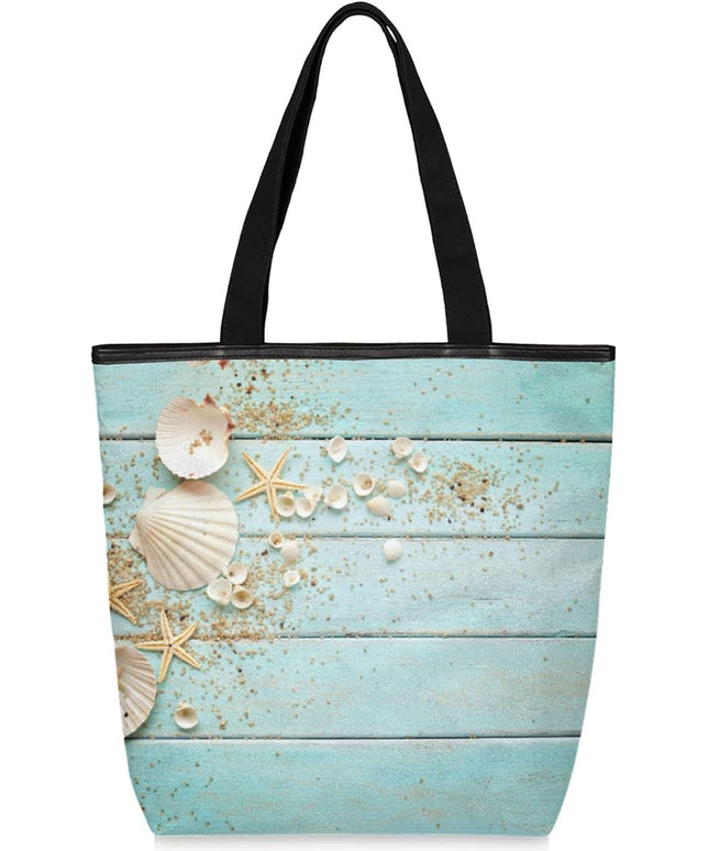 Pardick Blue Wooden Seashell Canvas Tote Bag, Womens Shoulder Bag Handbag with Zipper Book Tote Reusable Grocery Shopping Bags Beach Bag
