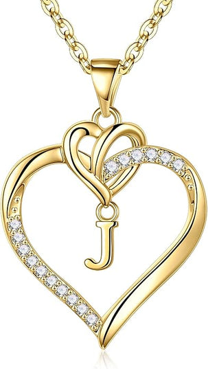 STORUP Christmas Gifts for Women Teen Girls - Heart Initial Necklaces for Women Girls, 14K-Gold-Plated Cubic Zirconia Initial A-Z Pendant Dainty Heart Necklaces for Teen Girl Jewelry Birthday Gifts