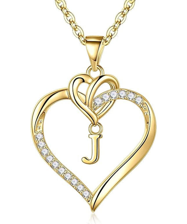 STORUP Christmas Gifts for Women Teen Girls - Heart Initial Necklaces for Women Girls, 14K-Gold-Plated Cubic Zirconia Initial A-Z Pendant Dainty Heart Necklaces for Teen Girl Jewelry Birthday Gifts