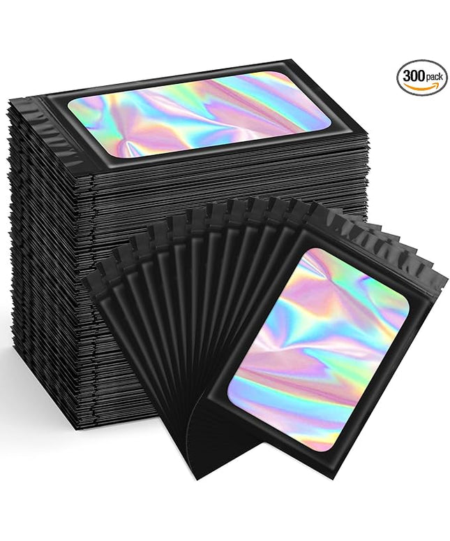 Funfery 300 Pack Smell Proof Resealable Bags for Food Storage,Holographic Bags 3.1x5.1 Black Mylar Clear Packaging Bag- Scent Proof for Cookies, Zip Foil Pouch for Small Business