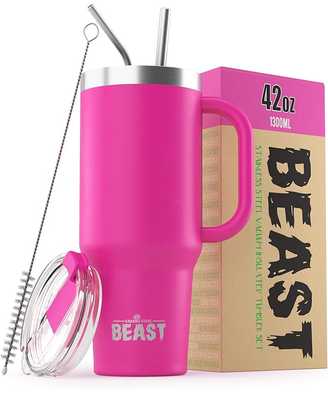 Beast 42 oz Tumbler with Handle Stainless Steel Vacuum Insulated Coffee Ice Cup Double Wall Travel Flask (Cupcake Pink)