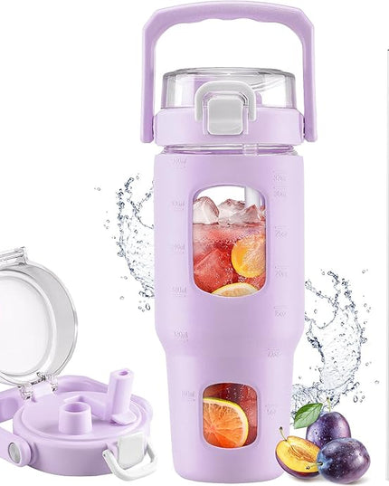 BLUEGO 32oz Glass Tumbler with Lid and Handle, Iced Coffee Cup with Straws, Glass Water Bottle with Silicone Sleeve and Volume, Marker Glass Cup with Time Marking, BPA Free, Purple
