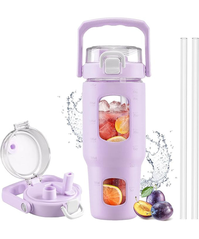 BLUEGO 32oz Glass Tumbler with Lid and Handle, Iced Coffee Cup with Straws, Glass Water Bottle with Silicone Sleeve and Volume, Marker Glass Cup with Time Marking, BPA Free, Purple