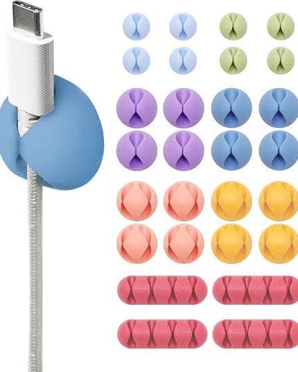Wrap-It Storage Cable Clips - (Assorted 28-Pack) Macaron - Desk and Nightstand Cable Holder for Phone and Bedside Table Cord Organizer