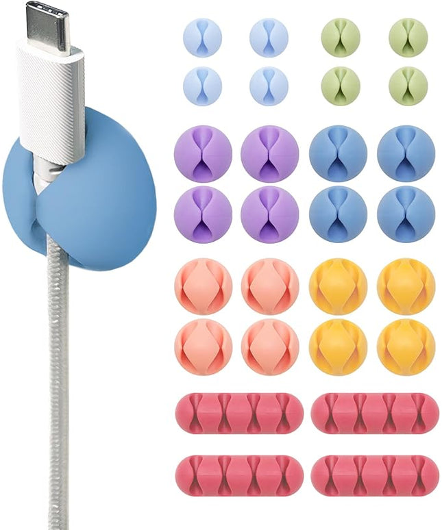 Wrap-It Storage Cable Clips - (Assorted 28-Pack) Macaron - Desk and Nightstand Cable Holder for Phone and Bedside Table Cord Organizer