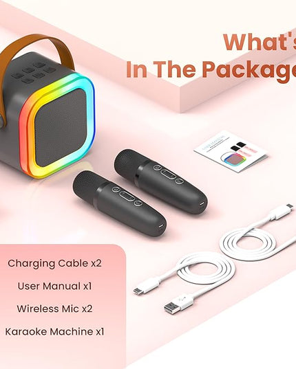 Mini Karaoke Machine for Kids Adults, 2026 TOP Birthday Gifts for Girls Boys 3,4,5,6,7,8+Year Old Toddler Toys, Portable Bluetooth Speaker with 2 Wireless Karaoke Microphones Player Valentine(Black)
