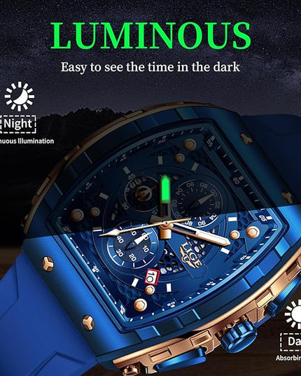 Mens Watches,Unique Rectangular Quartz Analog Watch,Outdoor Sports Multi-Function Watch,Chronograph/Waterproof/Luminous/Calendar,Durable Silicone Strap Mens Casual Watches