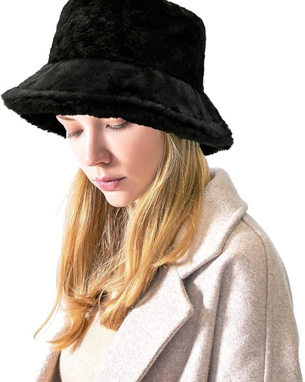 Women Plush Fluffy Bucket Hat Warm Lining Winter Faux Fur Cozy Wide Brim Winter