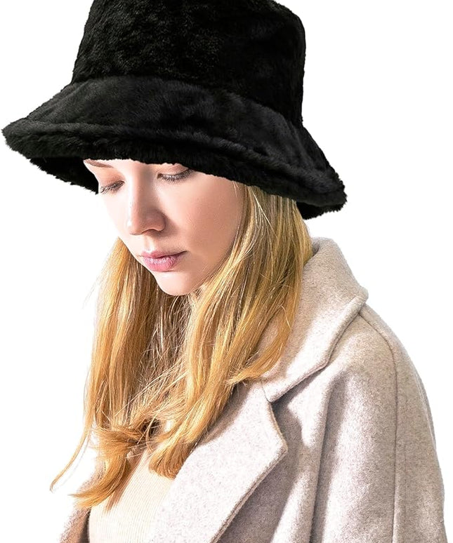Women Plush Fluffy Bucket Hat Warm Lining Winter Faux Fur Cozy Wide Brim Winter