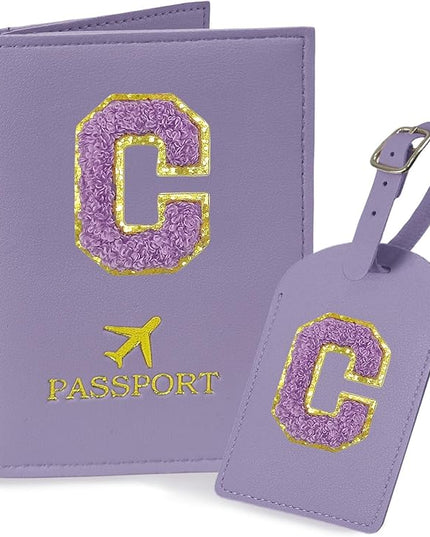 COSHAYSOO Initial Passport Cover Luggage Tag Set Letter Passport Holder Airplane Cruise Travel Essentials Vacation Traveling Accessories Personalized Gifts for Women Teen College Girls Purple C