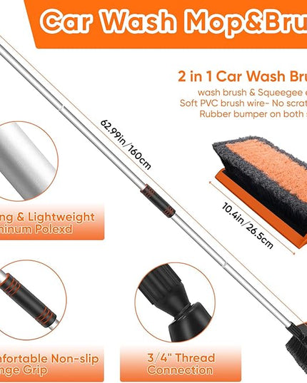 Wontolf 62'' Car Wash Brush with Long Handle, Scratch-Free Soft Bristles Sturdy Car Wash Mop, Complete Cleaning Brush Kit Wash Mitt Towel Windshield Squeegee Wheel Tire Brush for Car Truck RV Orange