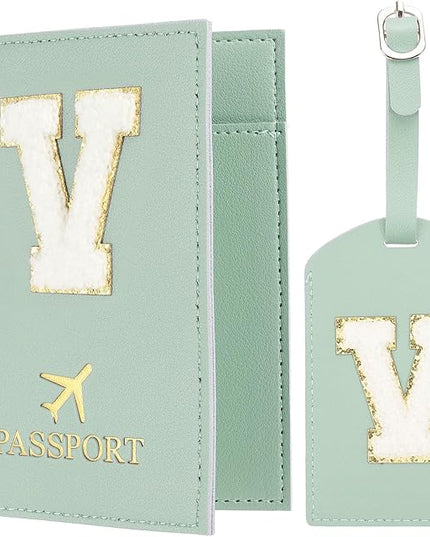 PATIKIL Passport Holder for Travel, Initial Passport Cover and Luggage Tag Set with Alphabet Chenille Letter Patch Travel Wallet Bag Suitcase Identifier for Women Family Travel Green V