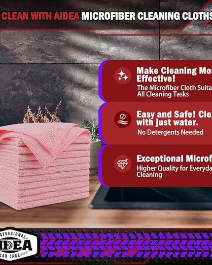 AIDEA Microfiber Cleaning Cloth Pink 10PK, Microfiber Towels for Cars, Premium Car Cloths, Dusting Cloth Lint Free Cleaning Rags for SUVs, House, Kitchen, Window, Workshops,12×12"