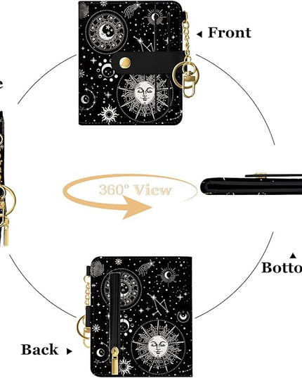 Sodsay Small Slim Wallet Women RFID Blocking, PU Leather Bifold Ladies Wallet with Zipper Coin Pocket, Thin Cute Travel Card Wallets for Girls, Black Celestial Symphony